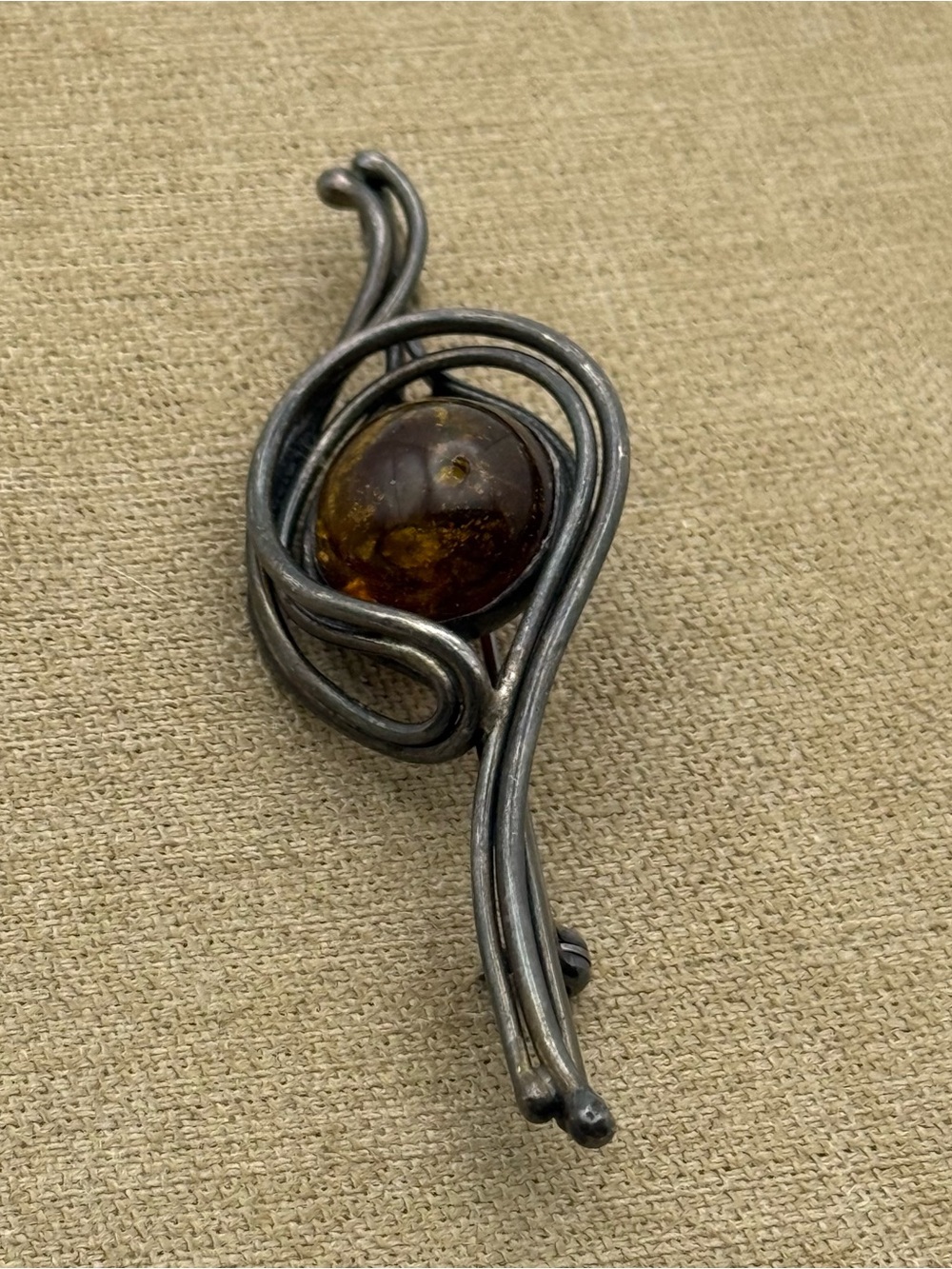 Sterling-Style Swirl Brooch with Amber Cabochon - Brown